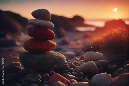 stones on a pebble beach at sunset.generative ai