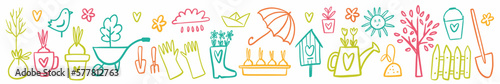 Vector horizontal pattern of gardening elements and spring symbols, hand-drawn in doodle style