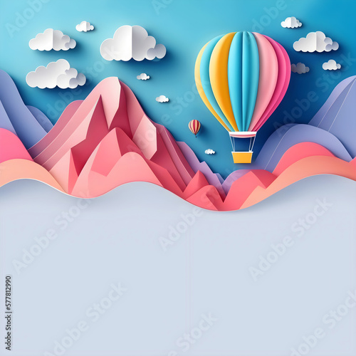 Hot air balloon in the blue sky over the mountains. paper style. copy space.