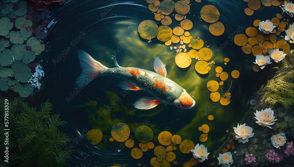 koi fish in pond with lily pads and flowers generative AI Stock