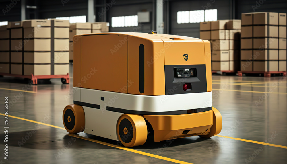 Small,autonomous robot navigates the floor of a large warehouse filled with neatly stacked boxes.The orange and white robot is designed for efficient material handling in an industrial environment.AI Small,autonomous robot navigates the floor of a large warehouse filled with neatly stacked boxes.The orange and white robot is designed for efficient material handling in an industrial environment.AI