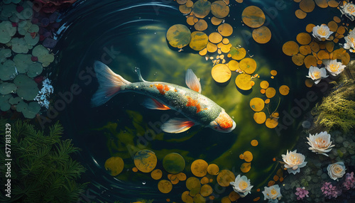 Fotografiet koi fish in pond with lily pads and flowers generative AI