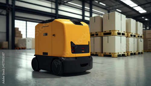 Automated guided vehicle in warehouse and delivery. Automation in logistics warehouses helps with fast service and precise storage. AI generated illustration.