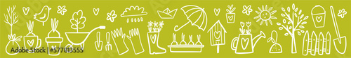 Vector horizontal pattern of gardening elements and spring symbols, hand-drawn in doodle style