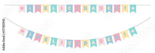 Bunting set. Congrats garland with inscription in Spanish "felicidades" means "congratulations". Bright colorful flags on rope. Isolated vector and PNG illustration on transparent background.