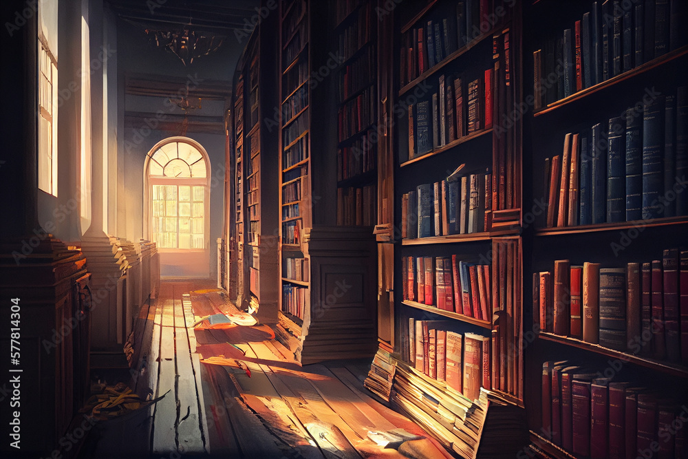 Abandoned ancient library with a lot of lost knowledge by mankind. AI generated Abandoned ancient library with a lot of lost knowledge by mankind. AI generated