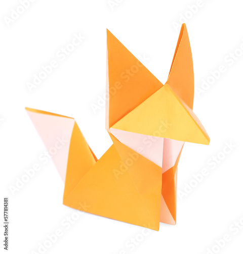 Origami art. Handmade orange paper fox on white background