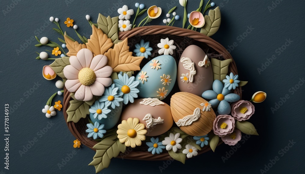 Easter Basket with Eggs and Flowers. AI Generative. Easter Basket with Eggs and Flowers. AI Generative.
