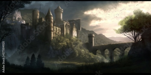 Leinwand Poster medieval castle with bridge on a wooded mountain