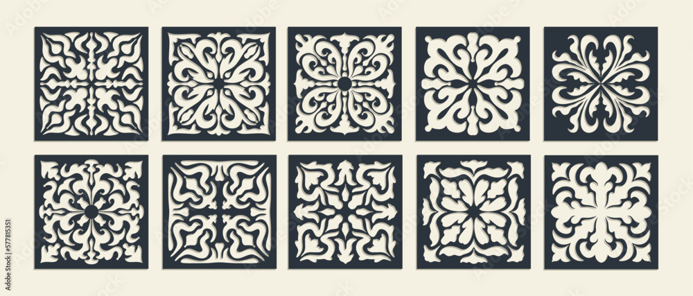 Big set of square Vintage Laser Cut pattern with baroque ornament. Vector Stencil Template for cnc cutting, decorative panels of wood, metal, paper, plastic