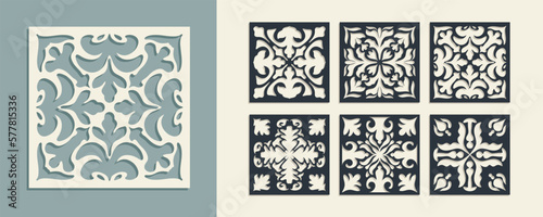 Big set of square Vintage Laser Cut pattern with baroque ornament. Vector Stencil Template for cnc cutting, decorative panels of wood, metal, paper, plastic