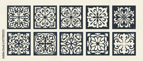 Big set of square Vintage Laser Cut pattern with baroque ornament. Vector Stencil Template for cnc cutting, decorative panels of wood, metal, paper, plastic