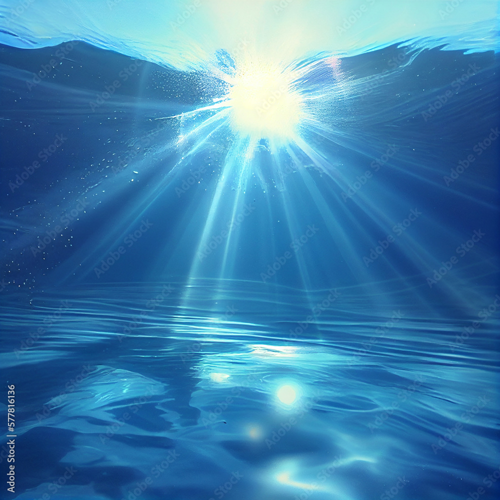 Fototapeta premium Blue underwater scene with sunlight and copy space. AI generative.