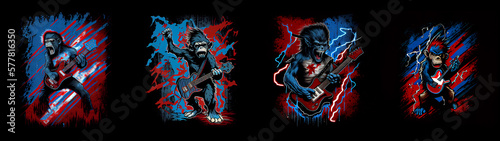 Sinister monkey with guitar. Rock concert. AI generative.