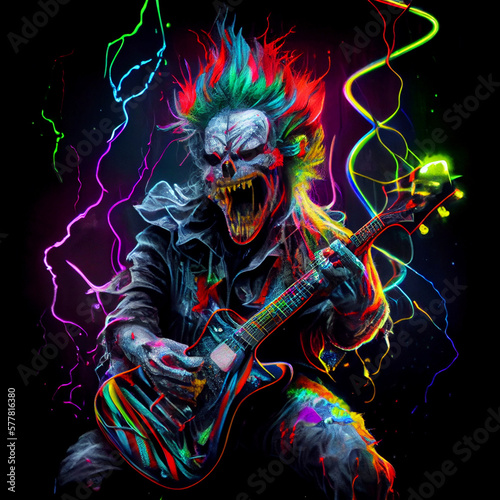 Sinister clown with guitar. Rock concert. AI generative.