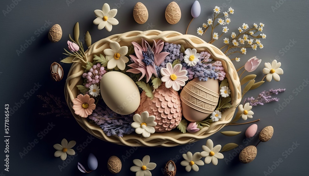 Naklejka premium Easter Basket with Eggs and Flowers. AI Generative.