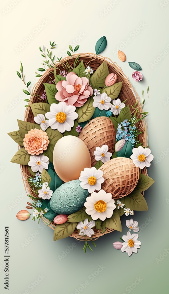 Easter Basket with Eggs and Flowers. AI Generative.