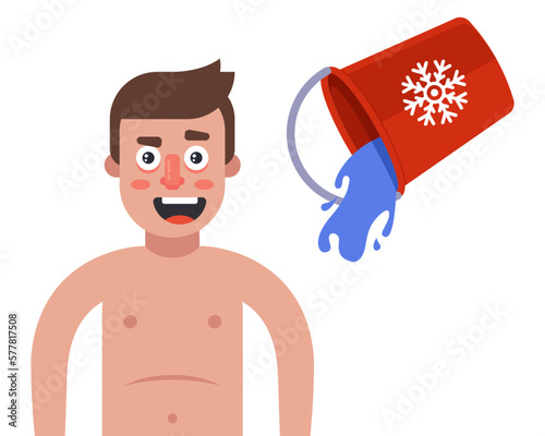 a man tempers himself with cold water by pouring himself from a bucket. flat vector illustration.