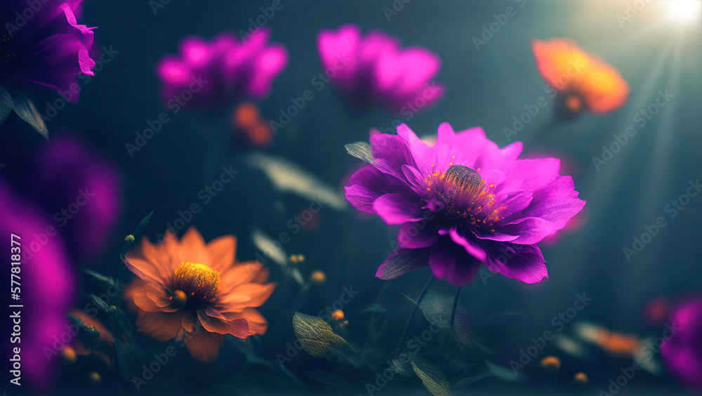 abstract underwater like violet and orange flowers on dark blue background blooming in sunrays direction, abstrackt digitial art illustration of blooming flowers, generative AI abstract underwater like violet and orange flowers on dark blue background blooming in sunrays direction, abstrackt digitial art illustration of blooming flowers, generative AI