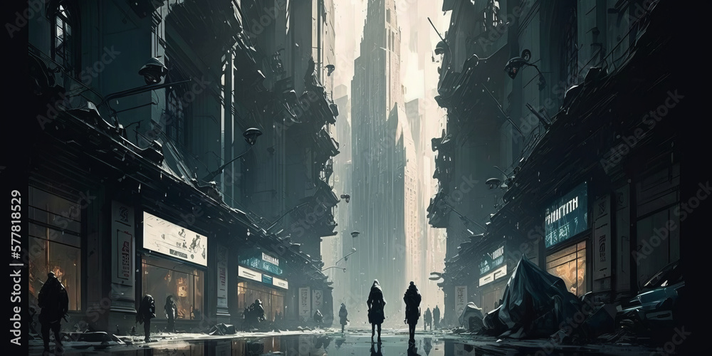 15 minute city idea, sci-fi movie poster wallpaper, futuristic picture of a contemporary metropolis with people strolling beside towering structures. Generative AI