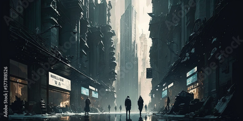 People strolling through a street near to tall buildings in a futuristic image of a modern metropolis  this sci-fi movie poster wallpaper represents the idea of a 15-minute city. Generative AI