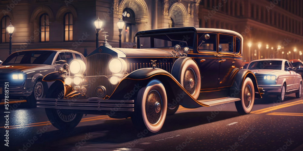Vintage digital artwork of lighted streets in New York City at night with classic cars and vehicles. American 1920s New York City in the old school. Conceptual wall coverings. Generative AI
