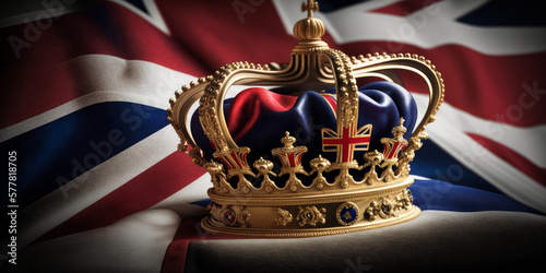 British Royal golden crown with jewels on United Kingom flag. Monarchy concept wallpaper. Generative AI