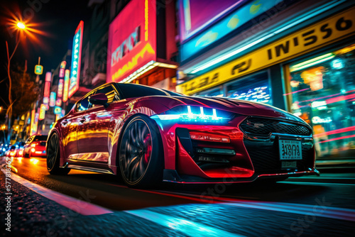 Illustration of a cyberpunk style sports car speeding on a street full of neon banners and lights inside a futuristic Tokyo during night hours. Generative AI