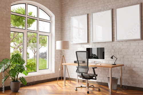 comfortable workplace with pc on wooden desk in office at home  bright sunlight from side large window and wall  canvas copy space   remote work freelance  3D Illustration