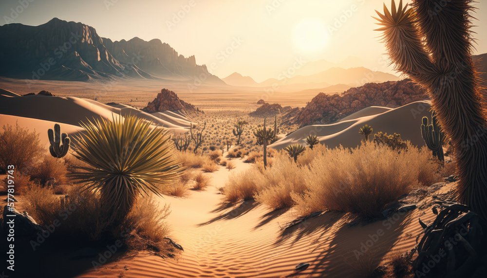 desert with dry plants, nature in the sun, sunset Generative AI, Generativ, KI