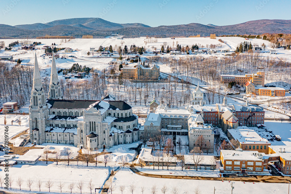 Sainte Anne de Beaupré Basilica from drone in winter
