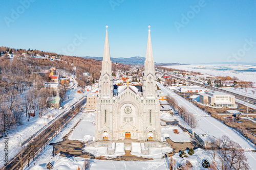 Sainte Anne de Beaupré Basilica from drone in winter photo