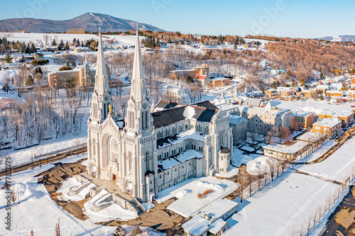 Sainte Anne de Beaupré Basilica from drone in winter