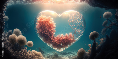 Heart shaped air bubble with corals underwater. Romantic concept wallpaper. Generative AI