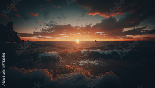 ocean in the sun, sunset, waves, nature, beach Generative AI, Generativ, KI