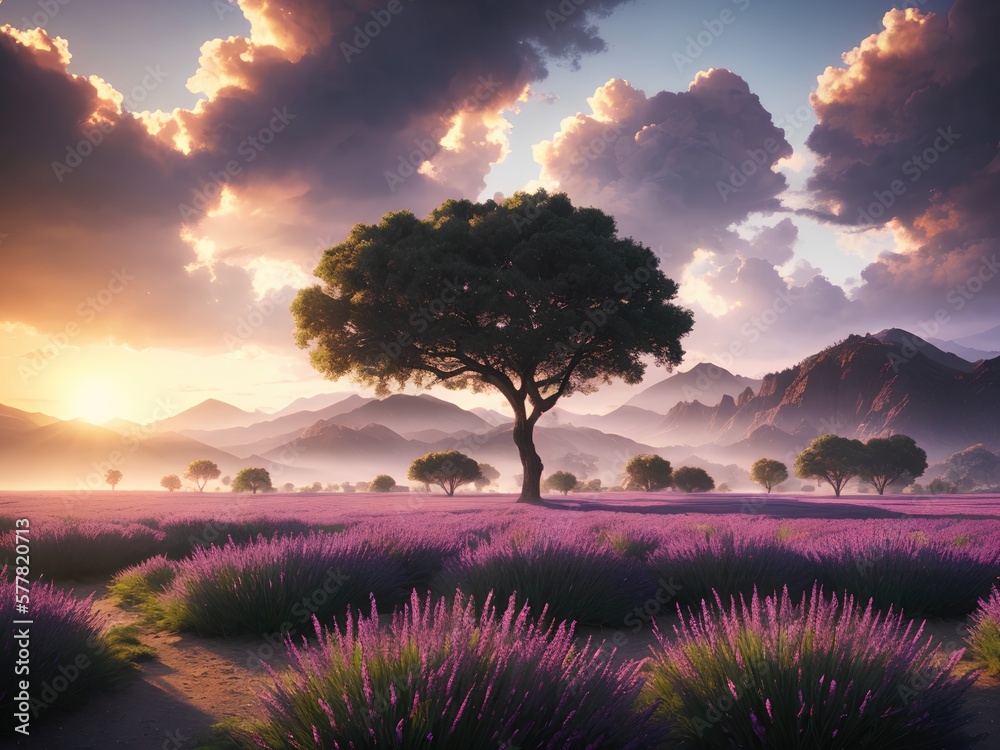 Purple lavender fields with a beautiful tree and mountains in the ...