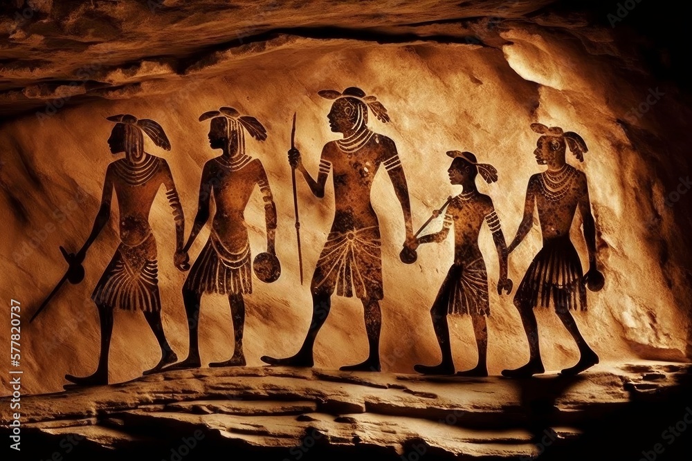 Indigenous Australian cave art depicting tribesmen on their way to the