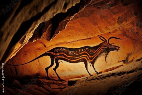 Indigenous Australian cave art of the Bunyip, AI generated. The bunyip is a creature from the aboriginal mythology of southeastern Australia. photo