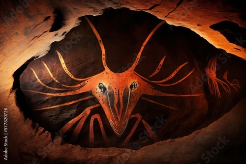 Indigenous Australian cave art of the Bunyip, AI generated. The bunyip is a creature from the aboriginal mythology of southeastern Australia. photo