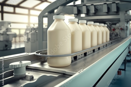 Milk factory production line beverage product at conveyor belt, AI generated