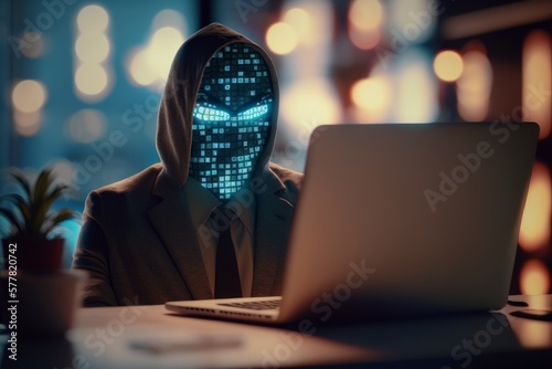 Dangerous digital hacker breaks into data server, dark atmosphere, AI generated. photo