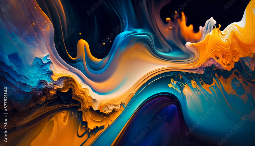 Abstract background with fluid colors in yellow and turquoise. Created with AI. - obrazy, fototapety, plakaty 
