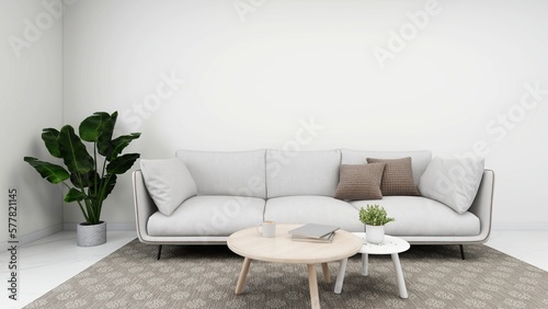 Simple living room with a white sofa, decorations and ornamental plants. 3d rendering, interior design, 3d illustration © R I M O N T