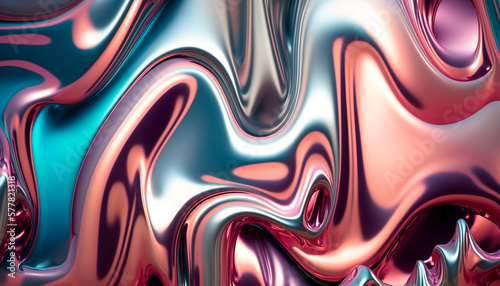 Abstract metallic chrome background in pink, blue and silver colors. Bright background. Created with AI.