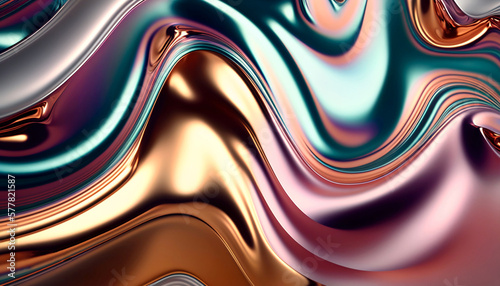 Abstract metallic chrome background in pink, blue and silver colors. Bright background. Created with AI.