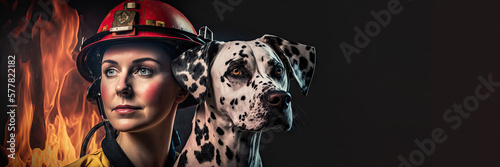 A firefighter woman with a dalmatian dog poster with copy space - Fictional Person, Generative AI