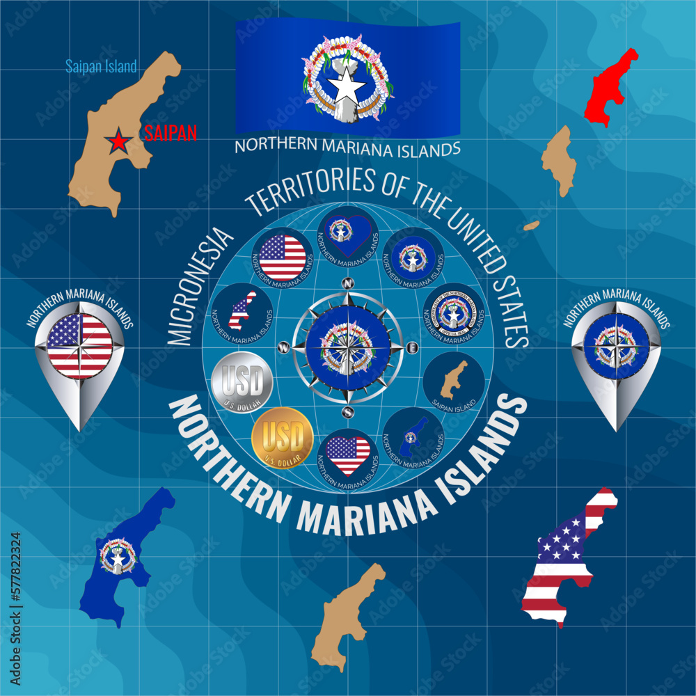 Fototapeta premium Set of vector illustrations of flag, contour map, money, icons of COMMONWEALTH OF NORTHERN MARIANA ISLANDS. Travel concept.