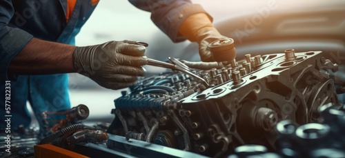 repairman hands repairing a car engine automotive workshop with a wrench, Automobile mechanic car service and maintenance, Repair service