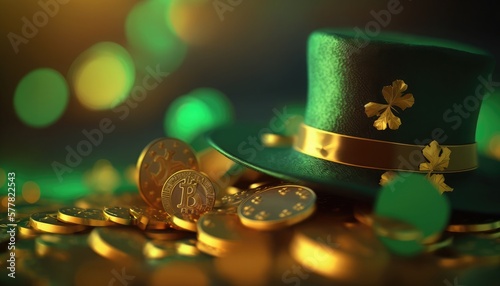St. Patrick's Day backdrop, creative Abstract festive background with Shiny green hat, gold coins and clover leaves