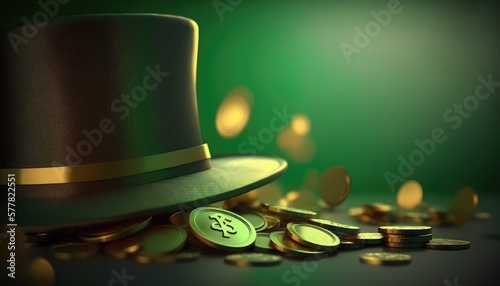 St. Patrick's Day backdrop, creative Abstract festive background with Shiny green hat, gold coins and clover leaves
